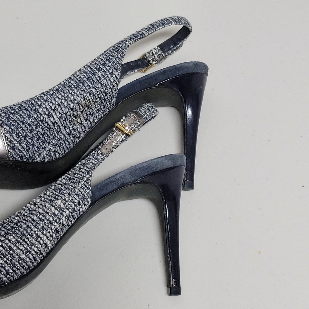 Tory Burch Tweed Metallic Bow Detail Pointy Toe Sling Back Heels. - Picture 8 of 16